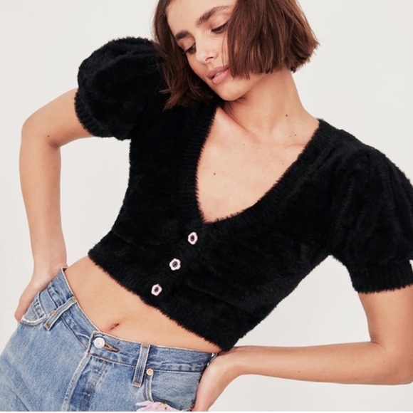 For love and lemons Devon fuzzy puff sleeve cardigan - Picture 1 of 4